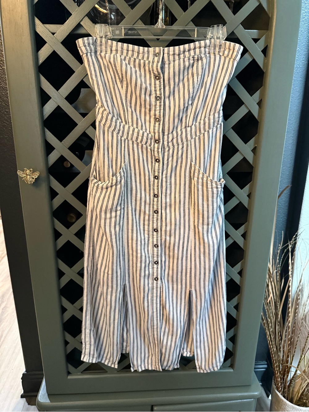BDG - Urban Outfitters - White and Navy Stripe Strapless Button-Front Dress